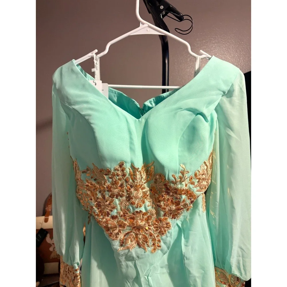 Party Prom Dress - Mint Green One Piece with Gold Floral Applique Sz 10